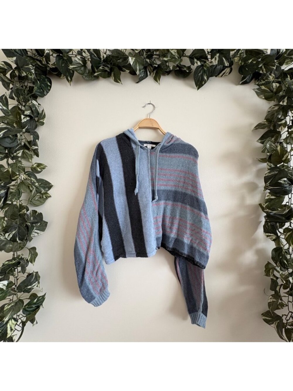 American Eagle Denim Patchwork Stitched Knit Hoodie Blue Women’s Sz L/XL